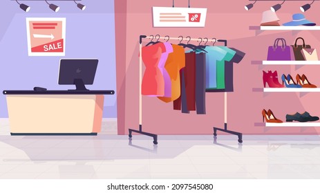 Clothing shop interior concept in flat cartoon design. Showroom of store with assortment and furniture. Clothes on hanger, shoes and accessories on shelves, counter. Vector illustration background