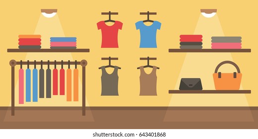 Clothing shop interior, flat design vector illustration.