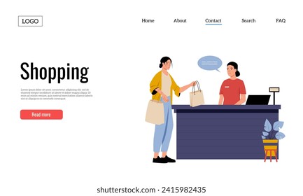 Clothing shop landing page. Woman buying things at boutique. Customer paying for purchase at getting shopping bag at counter. Female characters at fashion store vector illustration