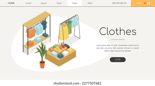 Clothing shop - modern vector colorful isometric web banner with copy space for text. Purchasing goods at the store. Images of outfits, dresses, shirts, shoes, hats. Fashion and indoor interior idea