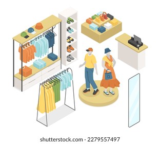Clothing shop - modern vector colorful isometric object set isolated on white background. High quality images of outfits, mannequins, shoes and hats, mirror. Fashion and indoor interior idea
