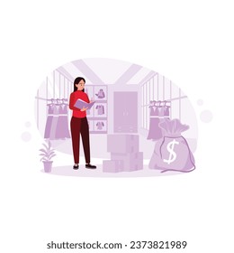 The clothing shop owner checks the stock of clothes in the shop. Check the goods ordered by the buyer. Digital Shopping concept. Trend Modern vector flat illustration