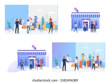 Clothing shop set. Shoppers buying clothes at sale. Flat vector illustrations. Shopping, discount, retail concept for banner, website design or landing webpage