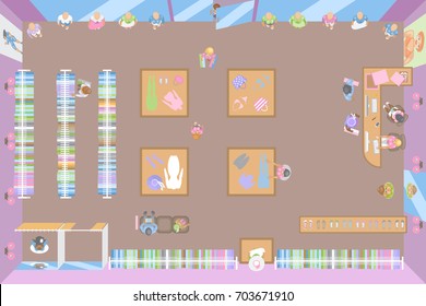 Clothing shop top view. Fashion, beauty, sale. Interior fashion store view from above.