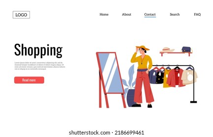 Clothing shop. Woman trying on new clothes in front of mirror. Fashion boutique with jackets and t-shirts on hangers, accessories on shelf landing page. Stylish female character in store vector