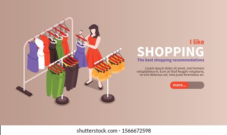 Clothing shopping tips isometric horizontal web landing page banner with buying best figure flattering colors vector illustration 