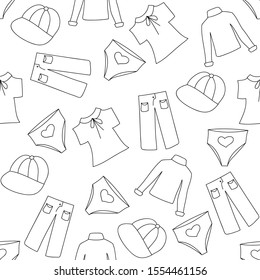 Clothing: simple drawings seamless pattern, coloring page vector illustration 