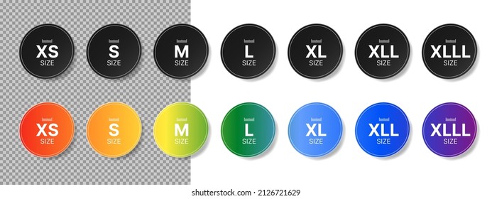 Clothing size black and rainbow color round sticker. XS, S, M, L, XL, XXL, XXXL label tags on white and transparent background. Vector illustration