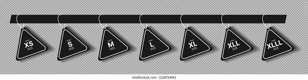 Clothing size black triangle sticker. XS, S, M, L, XL, XXL, XXXL label tags on transparent background. Vector illustration