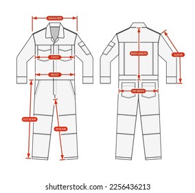 Clothing size chart vector illustration ( long-sleeves working overalls | jumpsuit )