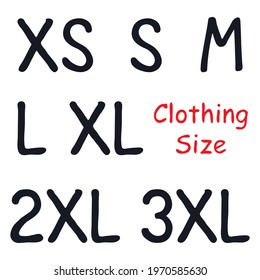 Clothing size doodle logo icon sign Alphabet letter xs s m l xl 2xl 3xl symbol Hand drawn design Cartoon style Fashion print clothes apparel greeting invitation card cover flyer ad banner badge label