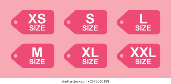 Clothing size icon set, XS, S, M, L, XL, XXL tags vector illustration.