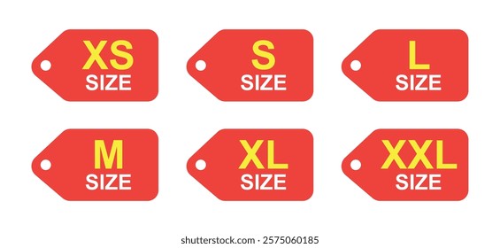 Clothing size icon set, XS, S, M, L, XL, XXL tags vector illustration.