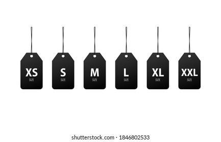 Clothing size label icon in black. Small, large and extra large sizes. XS, S, M, L, XL, XXL tags. Vector EPS 10. Isolated on white background