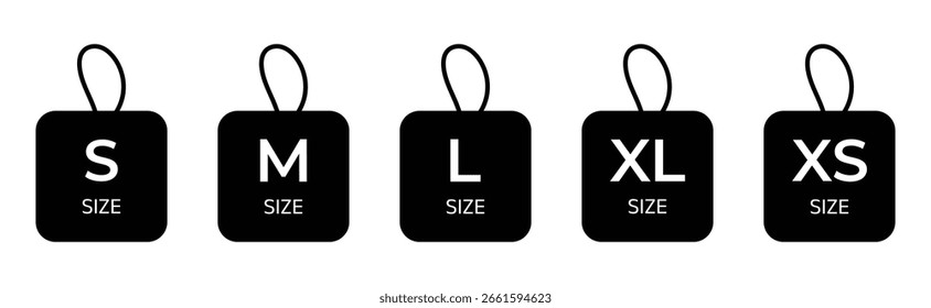 Conjunto de iconos de etiquetas de talla de ropa: Colección de etiquetas de Vector XS a XXL.