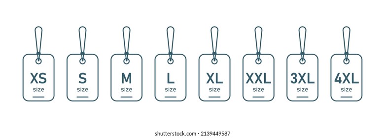 Icono de línea de etiquetas de tamaño de ropa. Etiqueta. De XS a 4XL. Vector