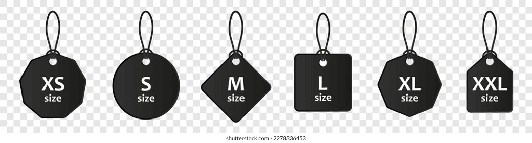 Clothing size labels. The range of size of clothes. S, M, L, Xl, XS sizing. Vector set.