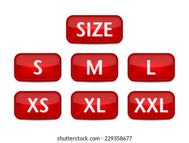 Clothing size labels. Red button vector