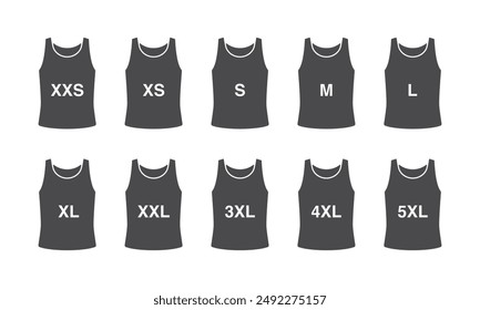 Clothing size symbol. Marking product : XXS, S, M, L, XXL, 5XL. Tank shirt pictogram.