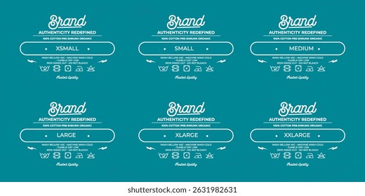 Clothing size tags with brand and care instructions  template design
