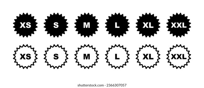 Clothing size vector icons set. Clothes labels s, xs, m, l, xl, xxl.