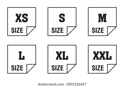 Clothing size vector icons set. Clothes labels s, xs, m, l, xl, xxl. Vector.  literal measurement standard clothing size from big to small s xxxl sticker, vector template label in eps 10.