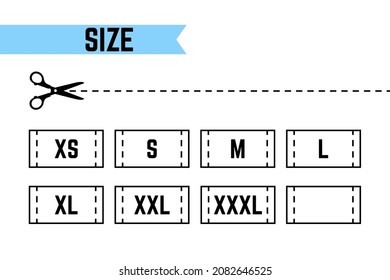 Clothing sizes labels. Symbols XS, S, M, L, XL, XXL, XXXL. Clothing sizes icons isolated on white background