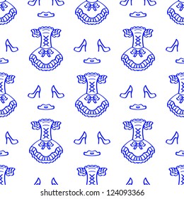 Clothing sketching background  Vector illustration for your fashion design  Seamless Endless pattern and dress  shoes   crown  For princesses  Easy to use 