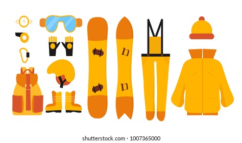 Clothing for snowboarding. Extreme winter sports. Ski equipment set. Includes snowboard, glasses, gloves, helmet, jacket, jumpsuit, boots, watch, whistle, backpack and hat. Flat vector illustration.