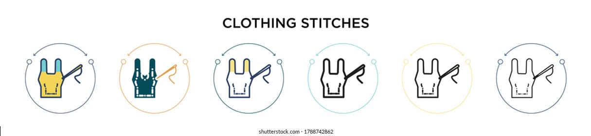 Clothing stitches icon in filled, thin line, outline and stroke style. Vector illustration of two colored and black clothing stitches vector icons designs can be used for mobile, ui, web
