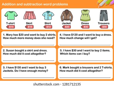 At the clothing store, Addition and Subtraction word problems - Worksheet for education.