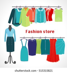 Clothing store. Boutique indoor Fashion store. Flat design vector illustration. Clothes on hangers.