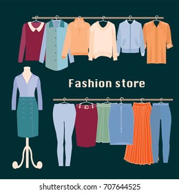 Clothing store. Boutique indoor Fashion store. Flat design vector illustration. Clothes on hangers.