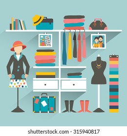 Clothing store. Boutique indoor. Flat design vector illustration.