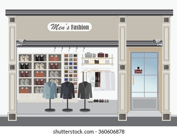 Clothing Store, Boutique Indoor Of Men's Cloths Fashion, Tailor Shop, Exterior Building, Vector Illustration. 