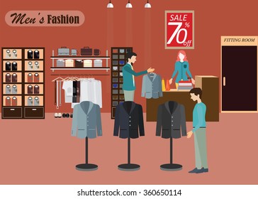 Clothing store, Boutique indoor of men's cloths fashion, tailor shop, interior building, vector illustration. 