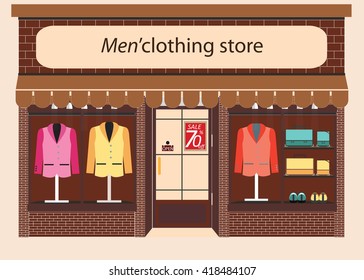 Clothing Store, Boutique Indoor Of Men's Cloths Fashion, Tailor Shop, Exterior Building, Vector Illustration.