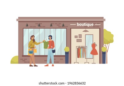 Clothing store, boutique shopstore facade exterior cartoon building and woman choosing new closes. Vector mannequin, shopfront with modern cloths, small city mall with dummy, girls buyers