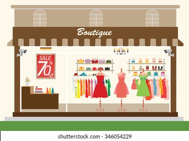 Clothing store building and interior with products on shelves, Shopping fashion, bags, shoes, accessories on sale, shopping vector illustration.