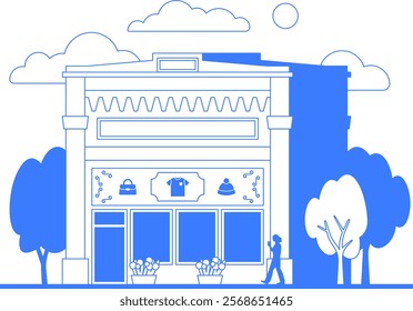 Clothing store building line art illustration. Second hand one color blue outline graphic. City street landscape. Thrift shop, people and trees infographic. Old vintage architecture. Editable stroke.