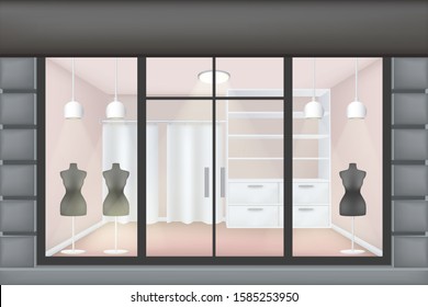 Clothing Store Building Shop Store Facade With Storefront Large Window, Columns,brick Wall. Realistic Shop With Glass Windows, Front Store Window Mockup. Empty Storefront Store With Shelves Vector