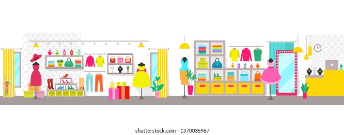 Clothing store with counter and clothes vector, shelves with shoes and dress, hat and sweaters, jewelry and accessories for ladies, womans shopping center