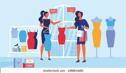 Clothing Store Customer Service Flat Illustration. Fashion Boutique Buyer and Employee Cartoon Characters. Young Woman Talking to Seller Consultant, Shop Assistant. Women Clothes Sale, Shopping