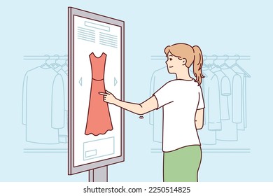 Clothing store customer woman use digital touch panel to select dress of suitable style and color. Young girl is shopping choosing evening outfit using modern screen. Flat vector illustration