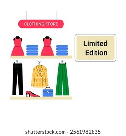 Clothing Store Display With Dresses Pants And Accessories In Flat Vector Illustration Symbolizing Fashion Retail And Limited Edition Products Isolated On White Background