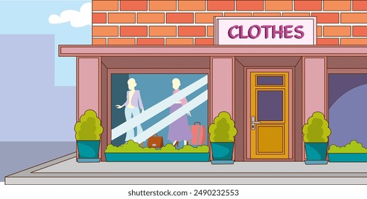 Clothing store facade, exterior of clothing store with mannequins wearing women's clothes in large windows, exterior view.Cartoon vector illustration