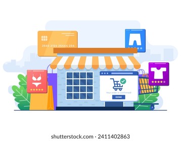 Clothing store flat illustration, Purchase, Clothes, Shopping bags, Credit cards, Shopping cart, Shopping concept flat illustration for landing page, web design, infographic, Rate products