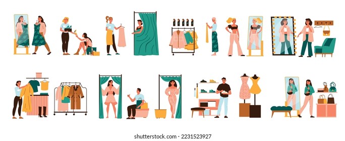 Clothing store flat set of people buying and trying new clothes in fitting room isolated vector illustration