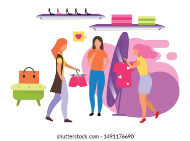 Clothing store flat vector illustration. Buyer choosing outfit at mall, boutique. Shop assistant helping customer. Buying clothes with friends isolated cartoon character on white background