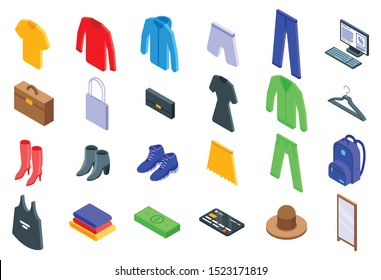 Clothing store icons set. Isometric set of clothing store vector icons for web design isolated on white background